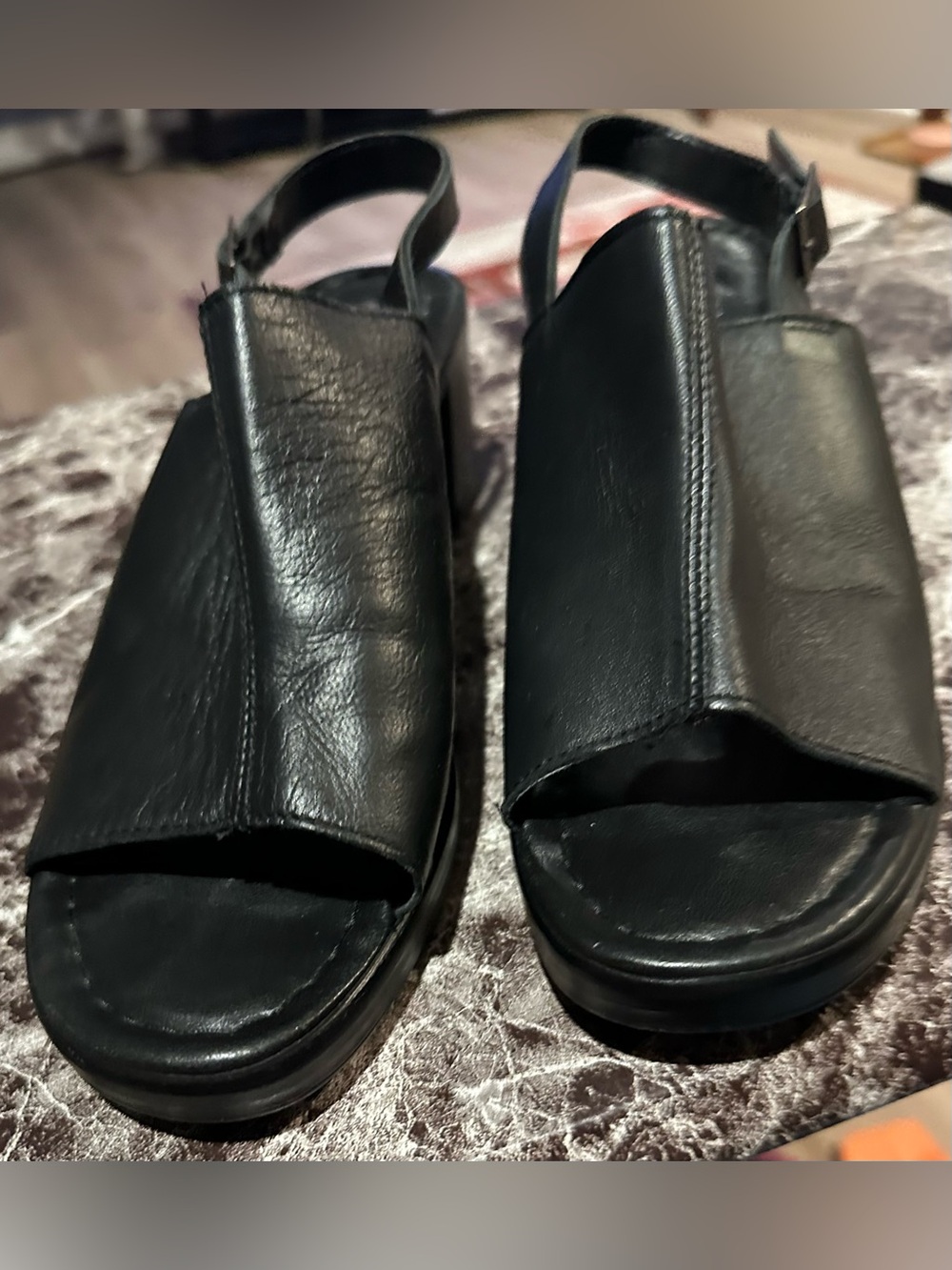 Black Leather Open-Toe Slingback Sandals by Mariella